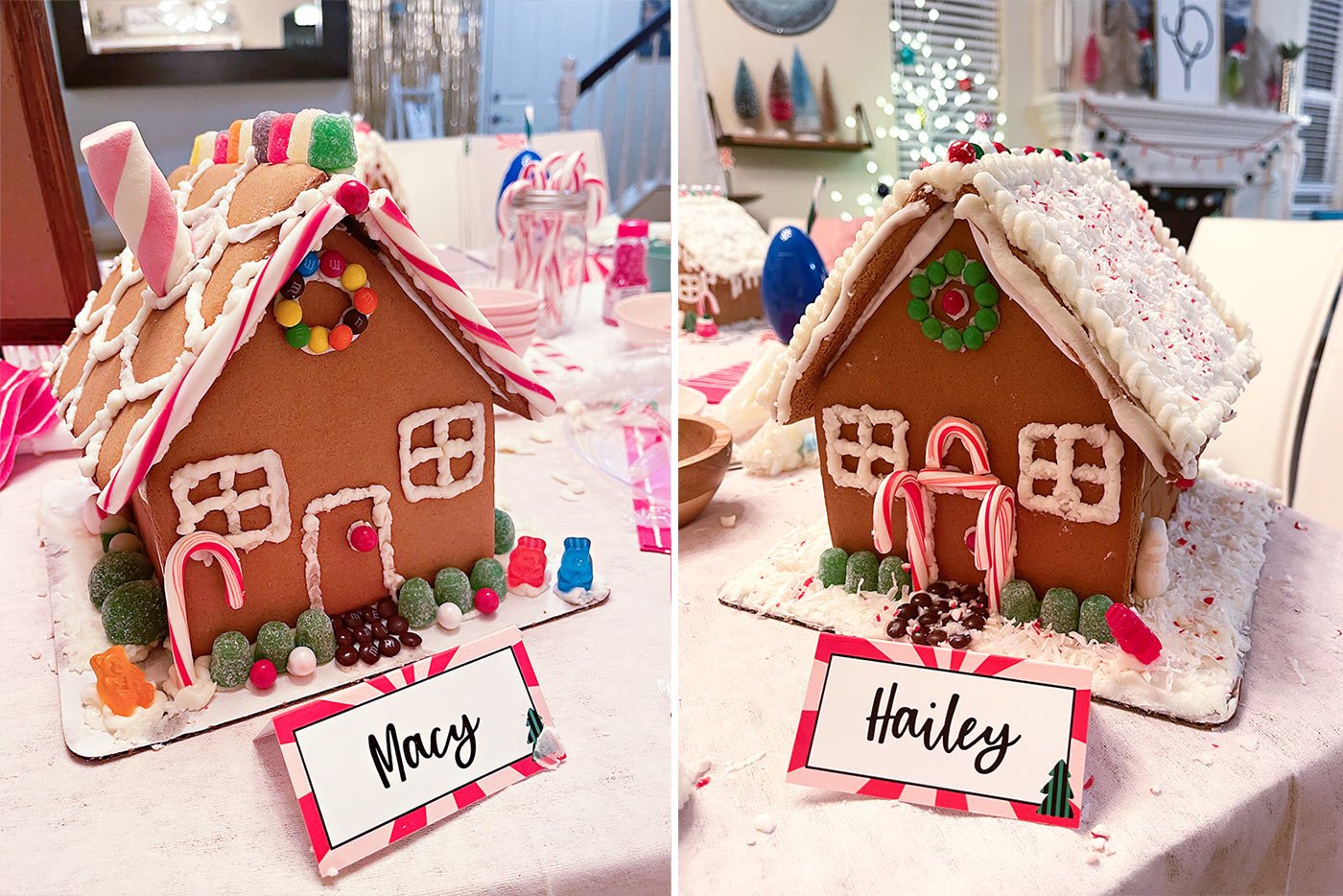 kids decorated gingerbread houses with name tags
