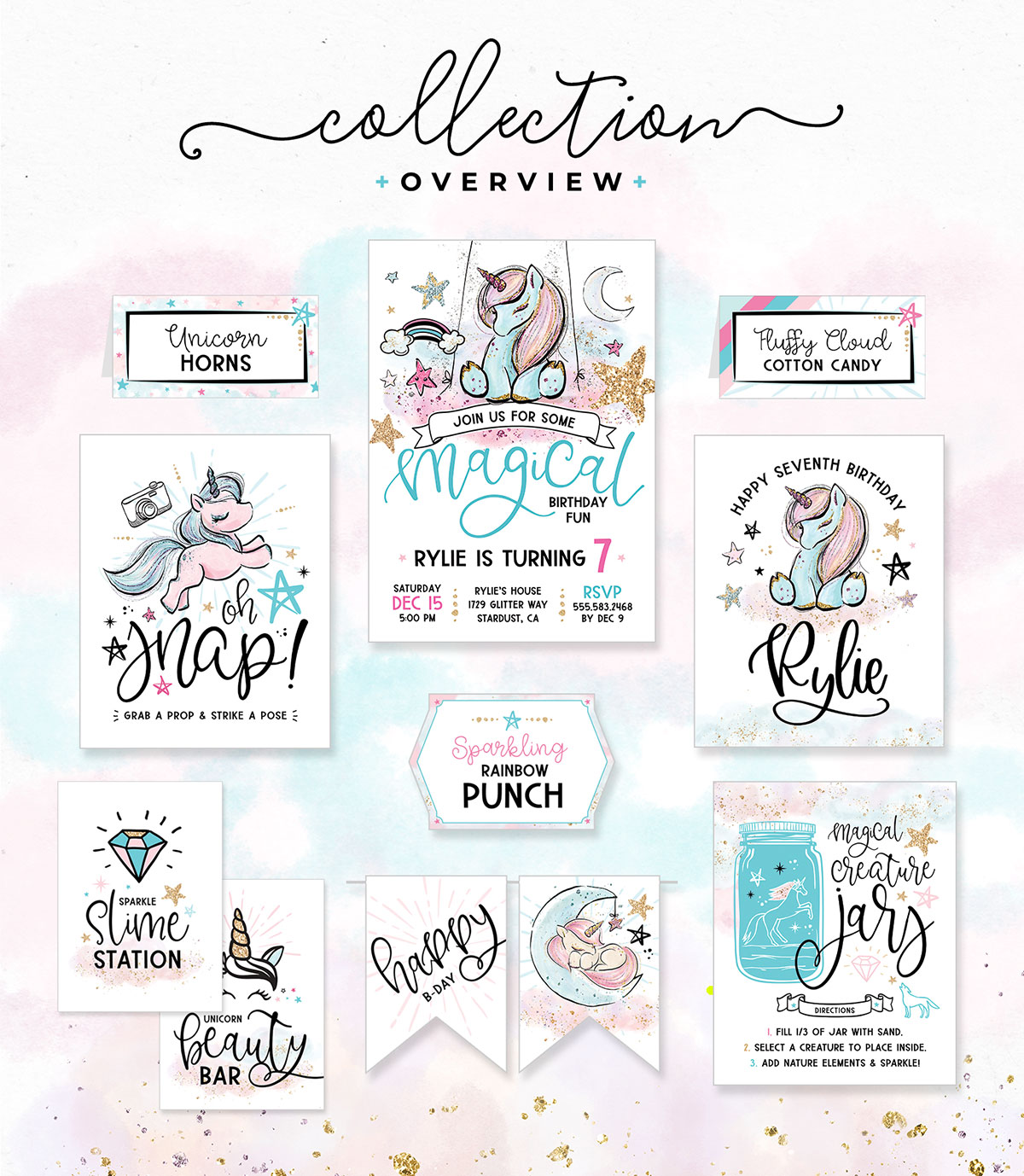 unicorn birthday party printables pastel modern